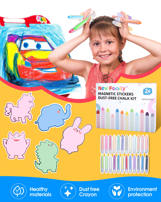 Kids Art Chalk Set - 24 Color Dustless Chalk with Cute Magnetic Drawing Board, Creative Gift for Boys and Girls