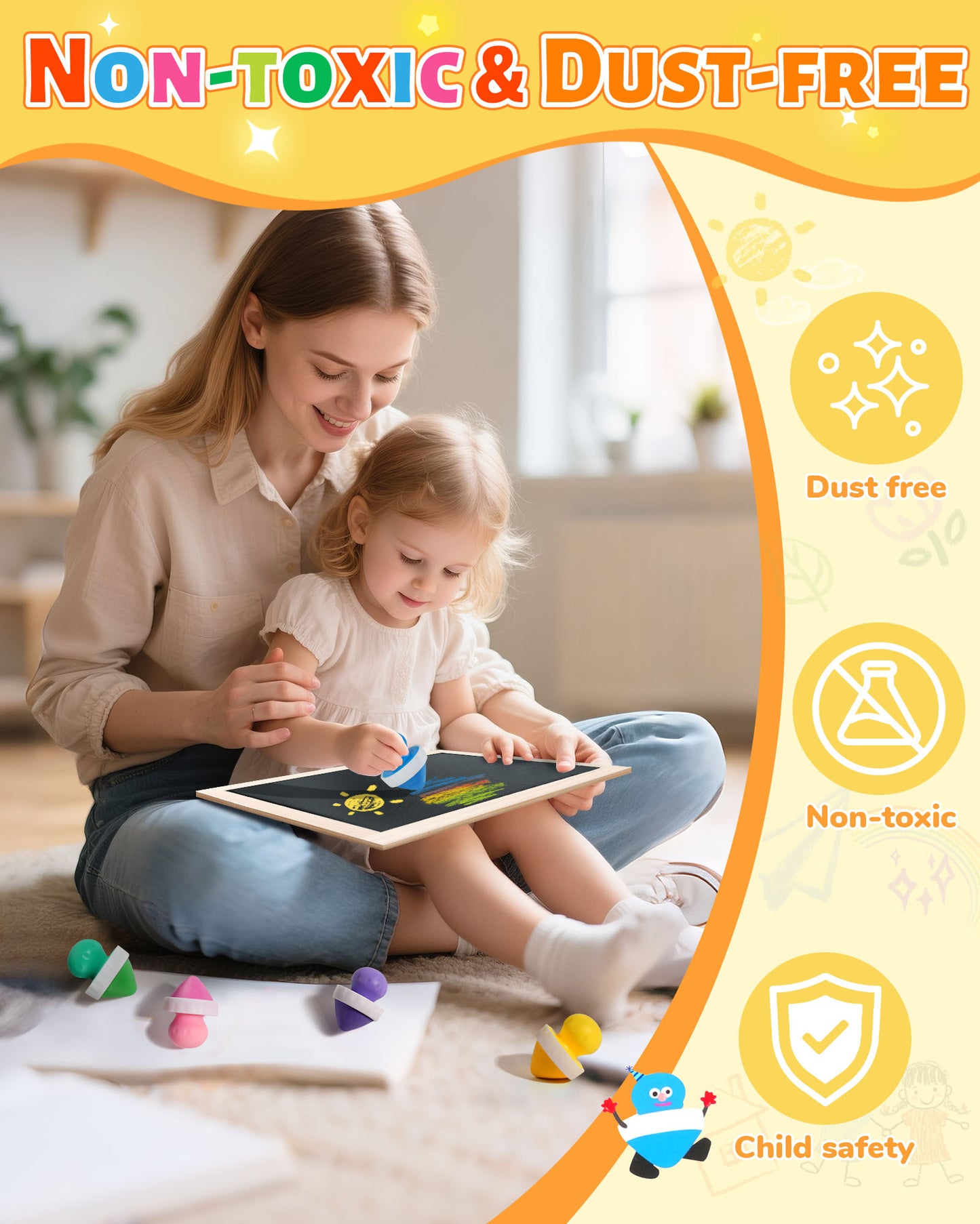Dustless Mushroom Sidewalk Chalk for Kids Non-Toxic Washable Outdoor Art & Blackboard Drawing Chalk with Holder | Mess-Free Fun Play for Classroom & Home
