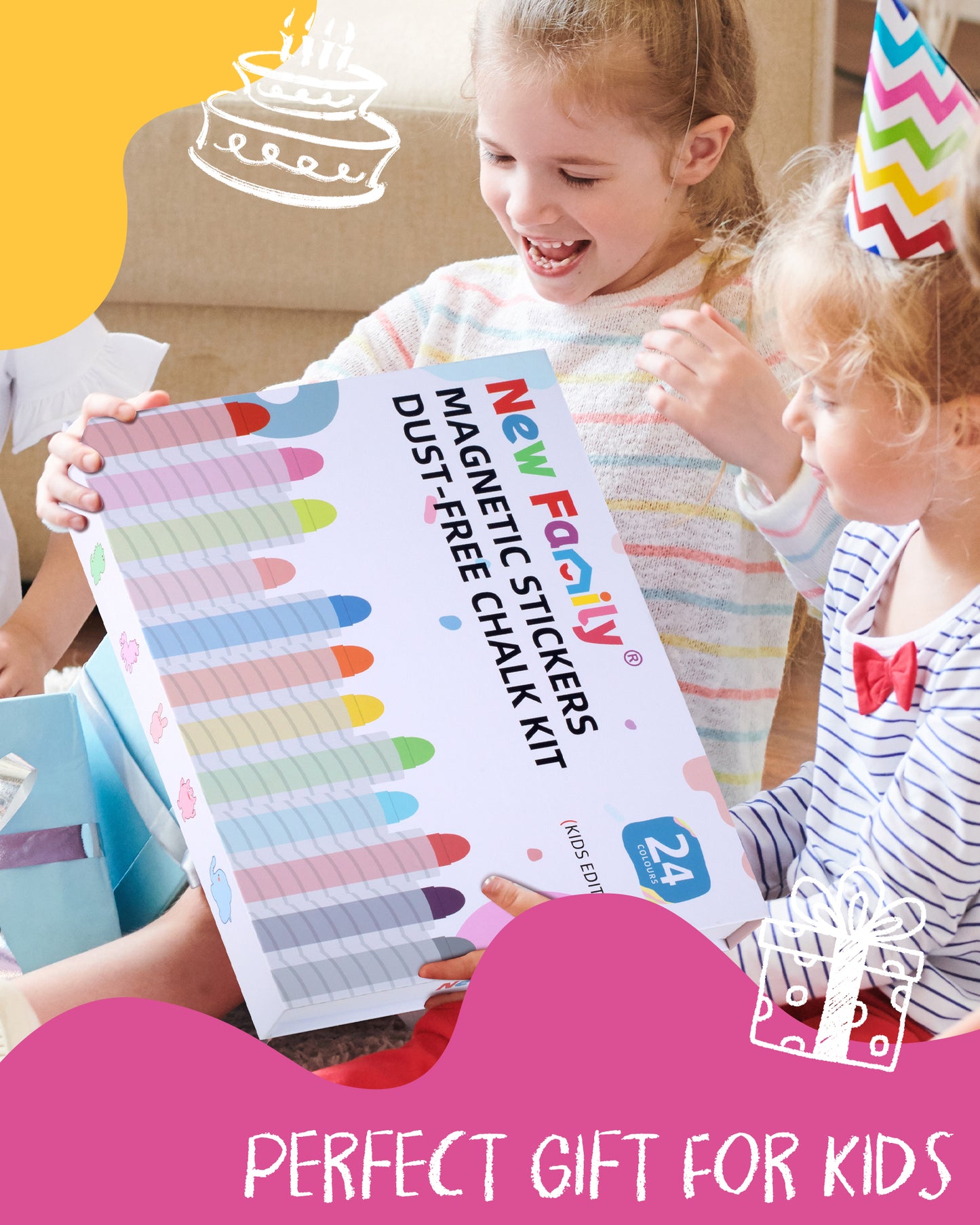 Kids Art Chalk Set - 24 Color Dustless Chalk with Cute Magnetic Drawing Board, Creative Gift for Boys and Girls
