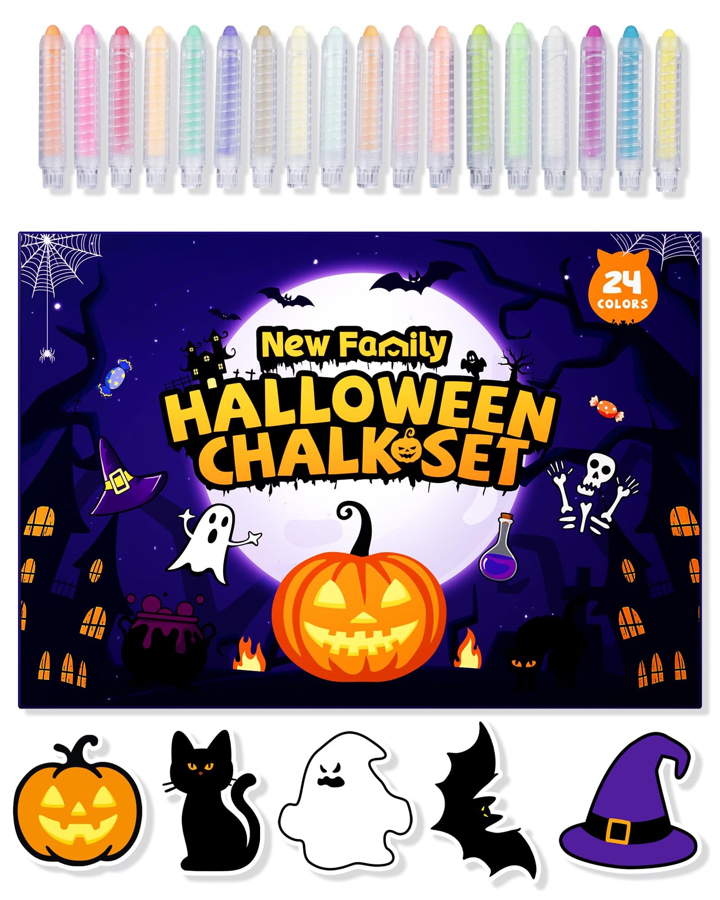 NewFamily Halloween Dustless Chalk Set - 24 Colors, Non-Toxic Washable Chalk with Spooky-Themed Magnetic Drawing Boards, Festive Gift for Kids & Toddlers
