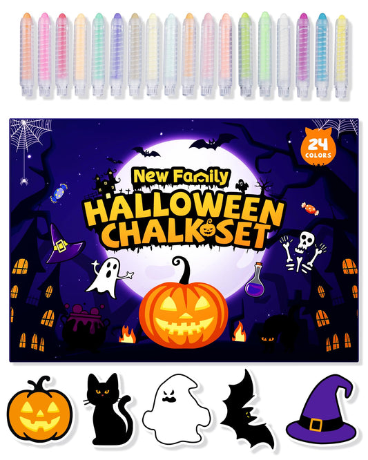 NewFamily Halloween Dustless Chalk Set - 24 Colors, Non-Toxic Washable Chalk with Spooky-Themed Magnetic Drawing Boards, Festive Gift for Kids & Toddlers