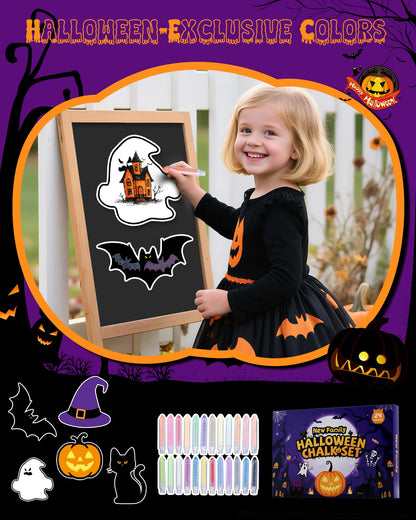 NewFamily Halloween Dustless Chalk Set - 24 Colors, Non-Toxic Washable Chalk with Spooky-Themed Magnetic Drawing Boards, Festive Gift for Kids & Toddlers